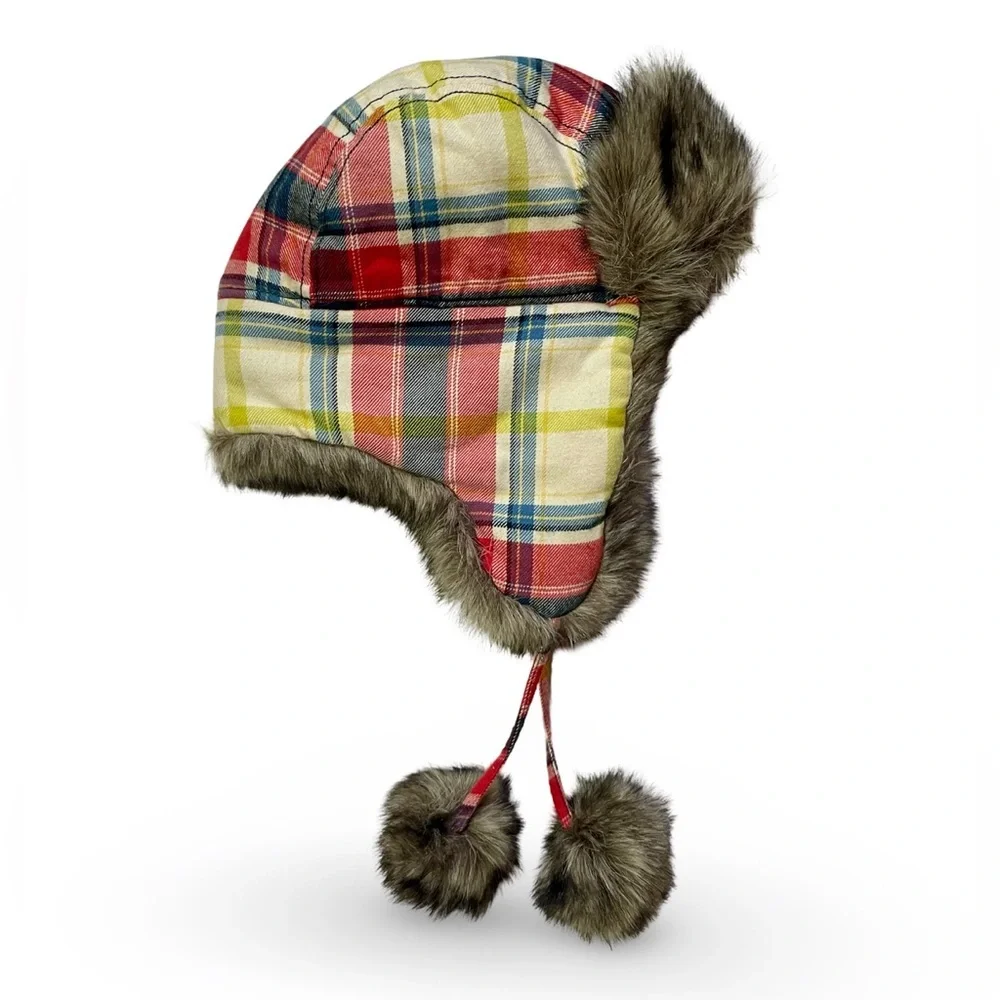 Hollister Plaid Faux Fur Trapper Hat One Size Winter Pom Pom Ear Flap